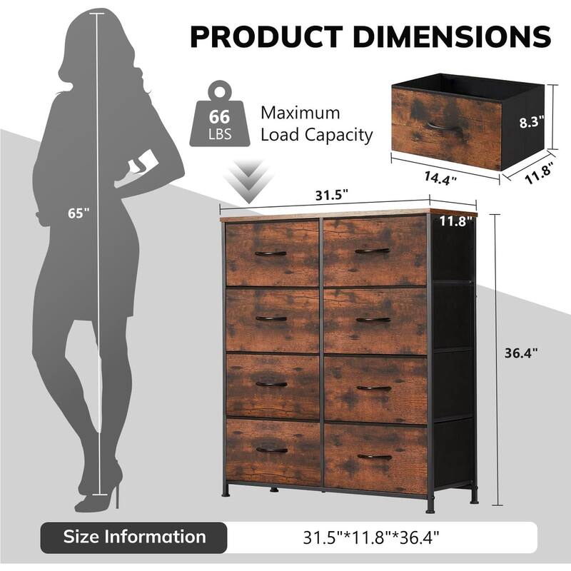 Dresser for Bedroom with 8 Drawers, Anti-Tip Tall Fabric Chests Storage Organizer Tower Furniture with Wooden Top Metal Frame