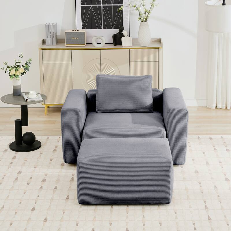 Corduroy Single Sofa Chair with a Large Ottoman, Square Arms & Ottoman Extension