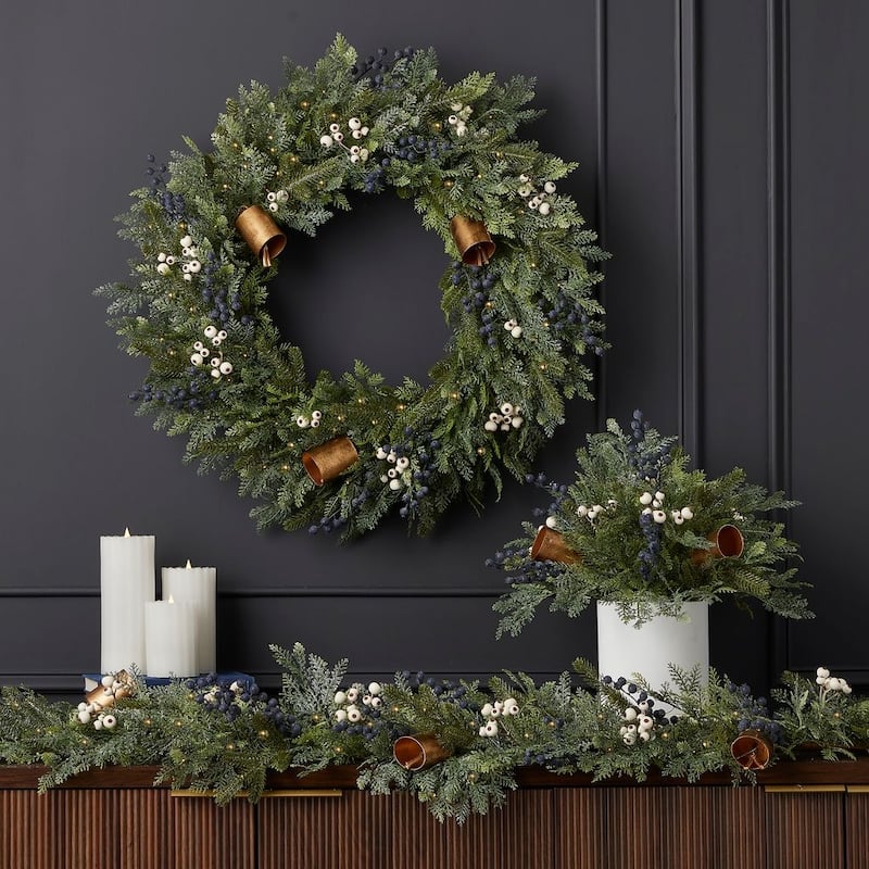 Mixed Mica Foliage with Blueberries and Harmony Bells 9ft Garland Pre-Lit with 50 LED Fairy Lights B/O