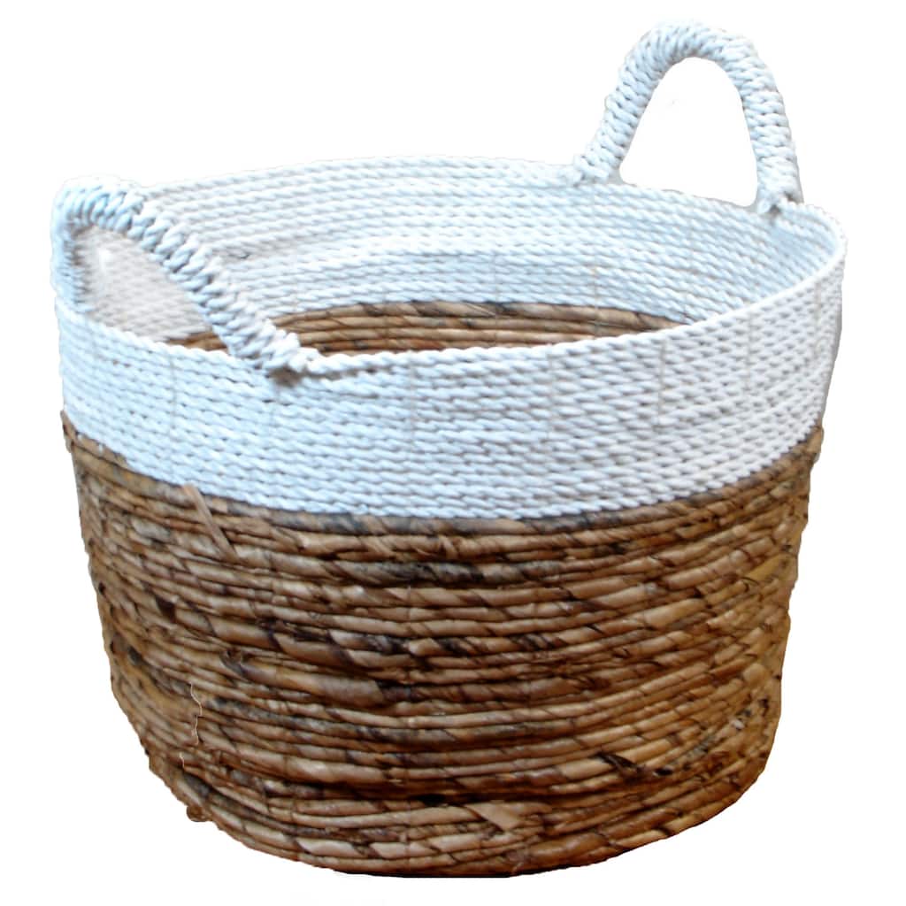 13" White Gray Beige Seagrass Raffia Basket Genuine Human Touch