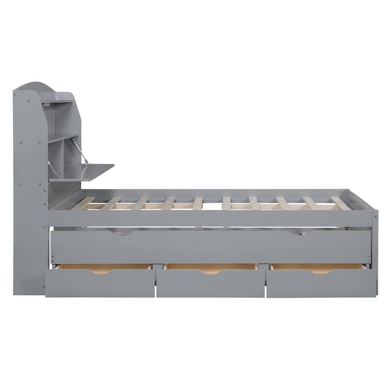 Full Wood Platform Bed with Trundle - Features LED Headboard Storage & 4 Built-In Drawers