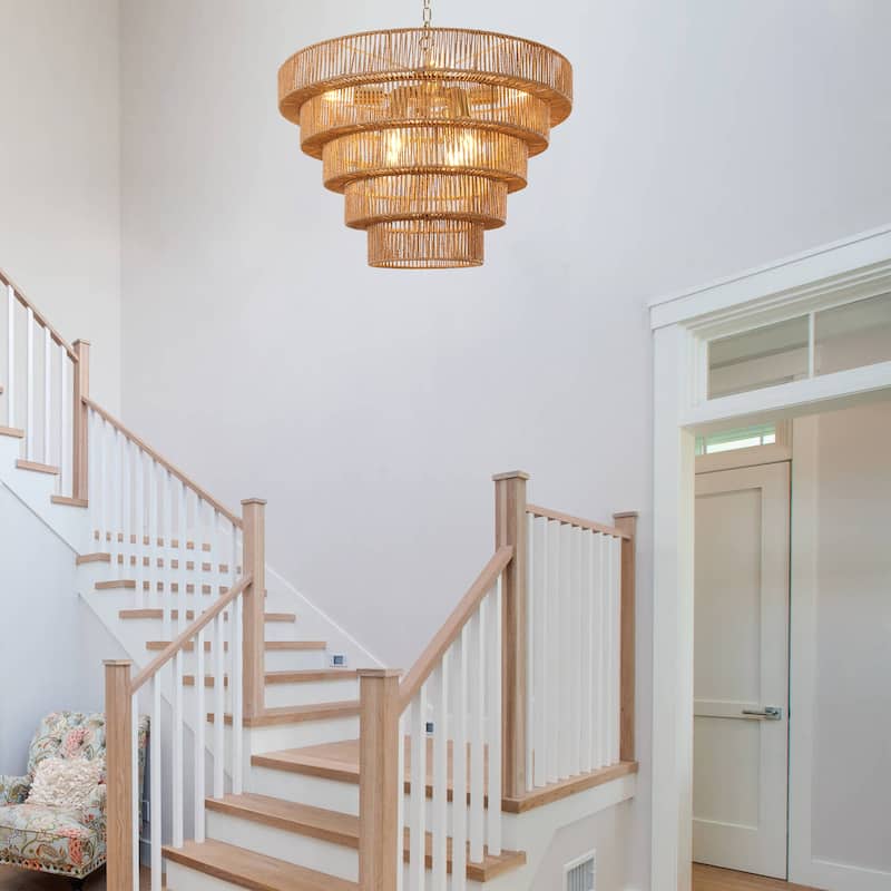 Dimmable 8-Light Hand-Woven Rattan Tiered Chandelier