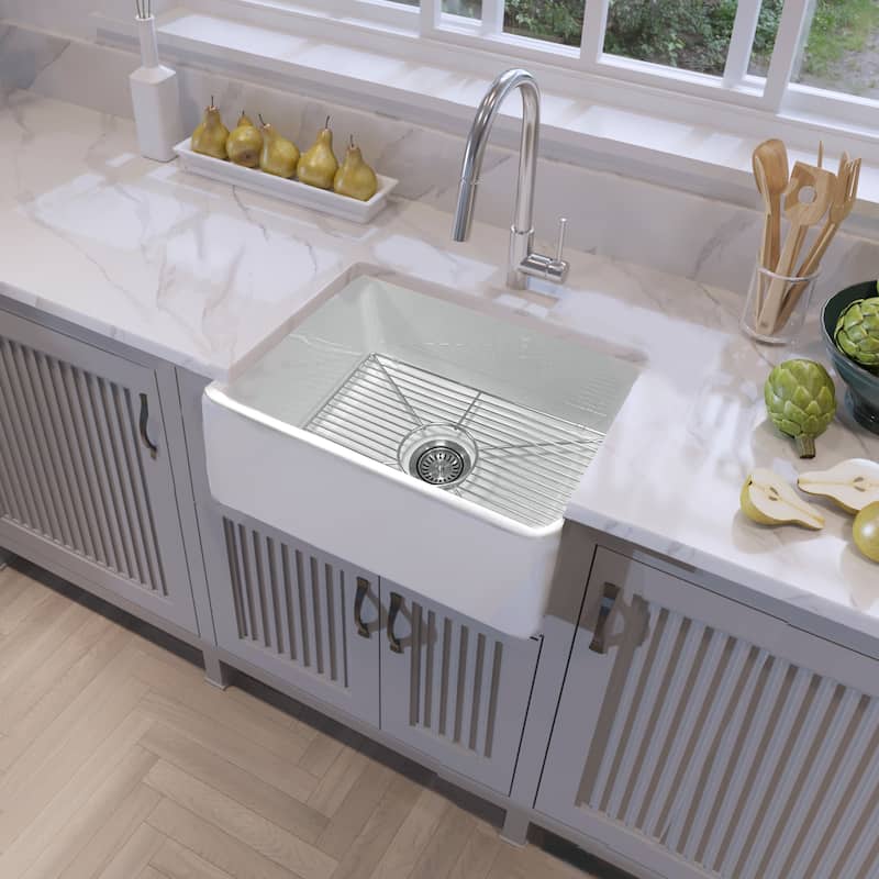 23 inch European Fireclay Farmhouse Sink Grid & Drain Set - 23.25" x 18" x 10"