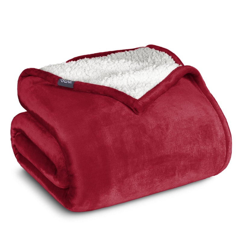 Bare Home Sherpa Fleece Blanket - Reversible Plush Bed Blanket - Full/Queen - Red