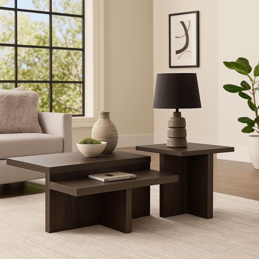 Zeny 2pc Coffee and Side Table Set, Geometric Cross Base, Dark Brown