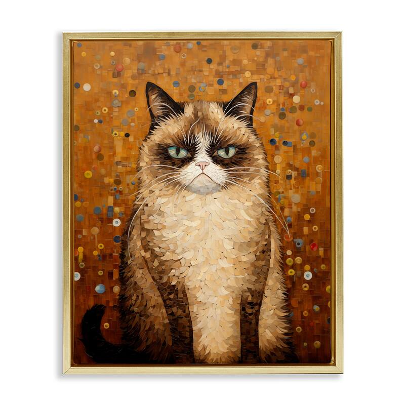Stupell Grumpy Klimt Cat Framed Floater Canvas Wall Art Design By Arlington Prints - 17 x 21 - Gold