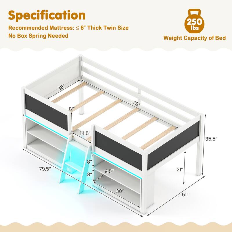 Twin Size Low Loft Bed with LED Lights and Storage Shelves Chalkboards Guardrails and Ladder