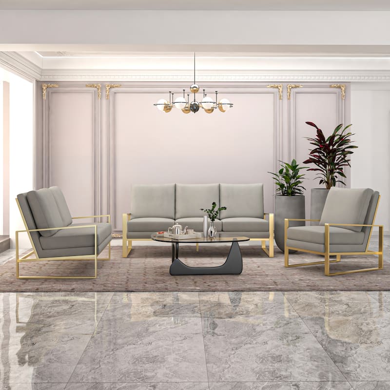 Jefferson Modern Velvet 3-Piece Sofa Set Accent Side Chair in Brushed Gold Stainless Steel Base for Office & Living Room