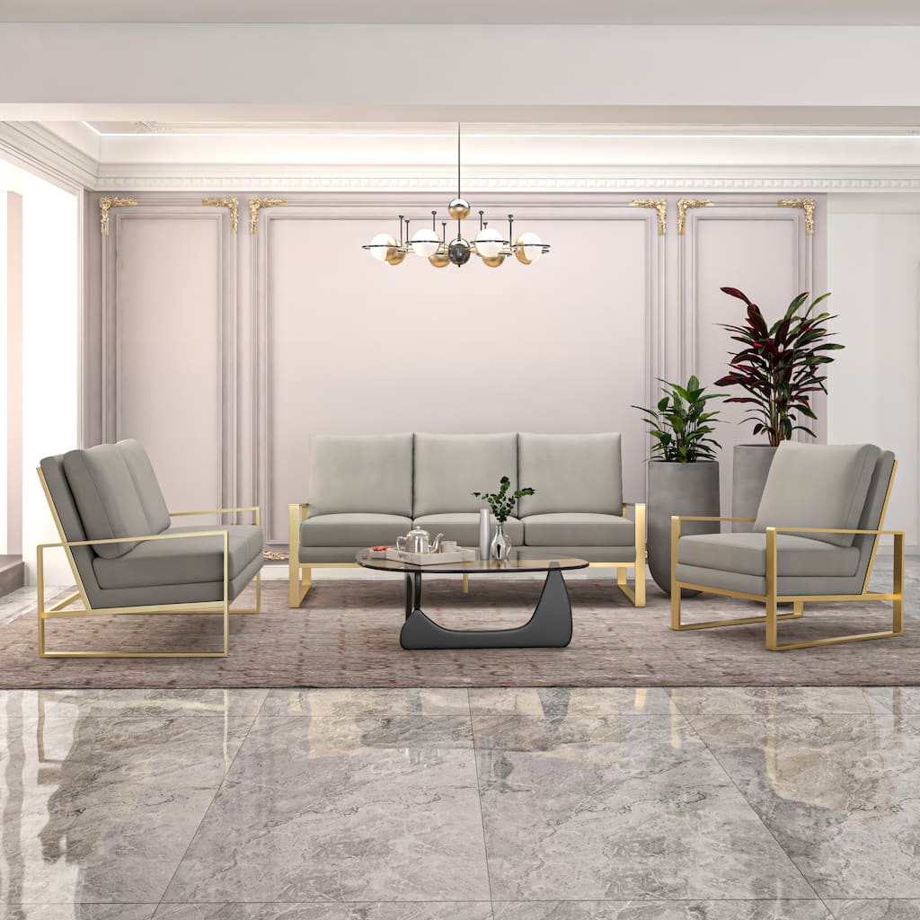 Jefferson Modern Velvet Upholstered 3-Piece Sofa Set in Brushed Gold Stainless Steel Base for Home Office Living & Bed Room