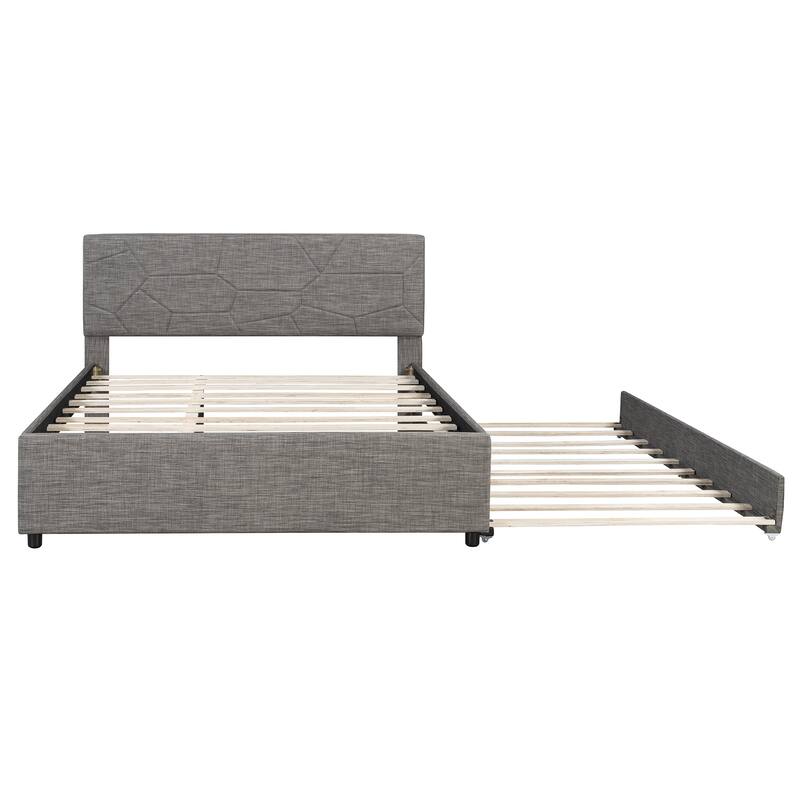 Queen Size Upholstered Platform Bed with Brick Pattern Headboard and Twin XL Size Trundle, Linen Fabric, Gray
