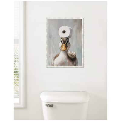Kate and Laurel Sylvie Toilet Paper Roll on Ducks Head Bathroom Art Framed Canvas by The Creative Bunch Studio