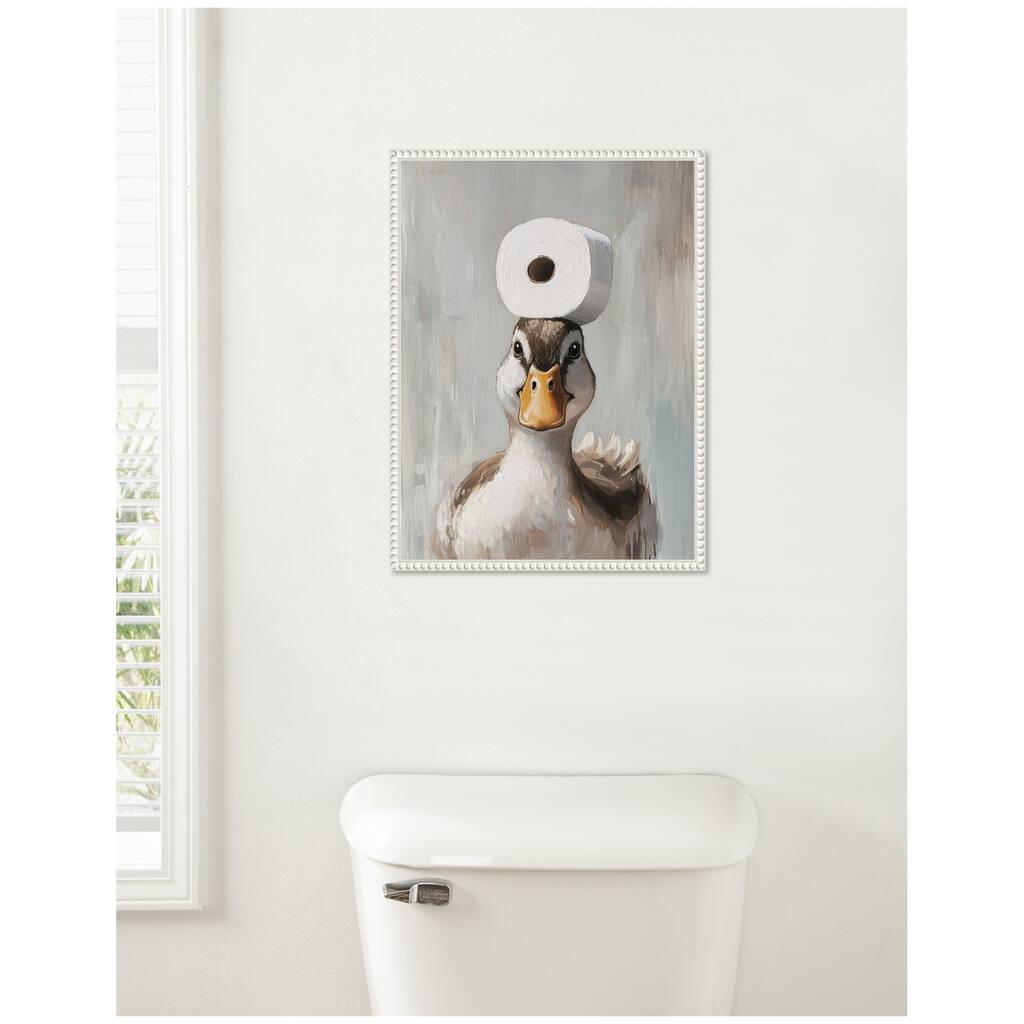 Kate and Laurel Sylvie Toilet Paper Roll on Ducks Head Bathroom Art Framed Canvas by The Creative Bunch Studio