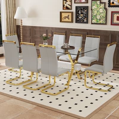 9-Piece Glass Dining Table Set for 8, 71" Rectangular Table with Gold Metal Base, 8 PU Dining Chairs for Kitchen, Dining Room