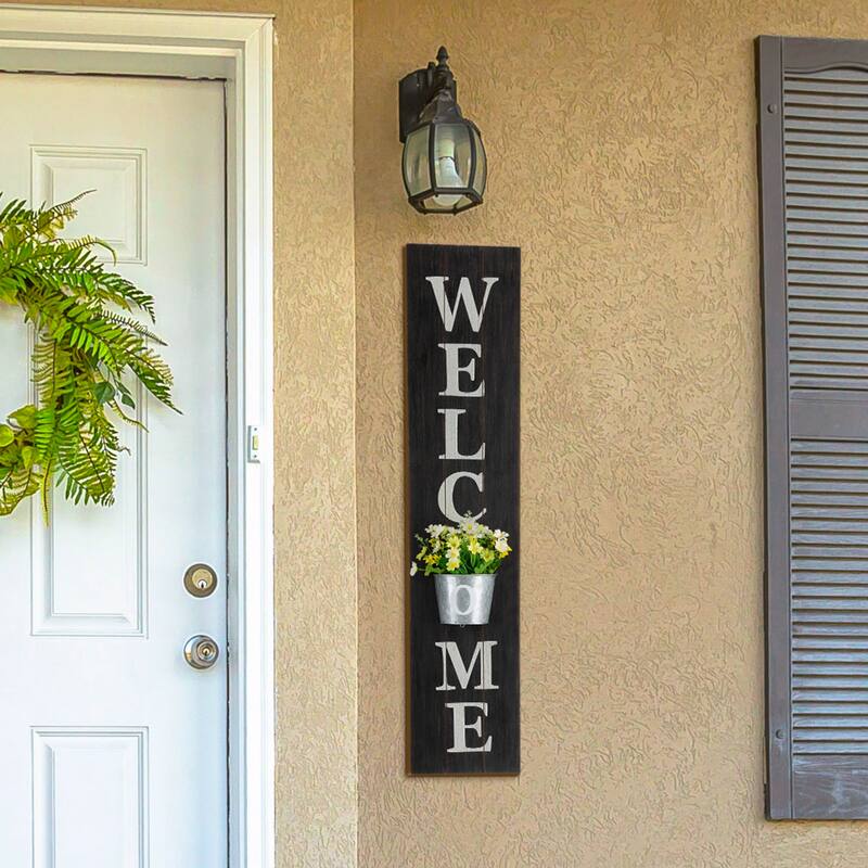 Glitzhome 42-inch Wooden Welcome Porch Sign Wall Decor with Metal Planter