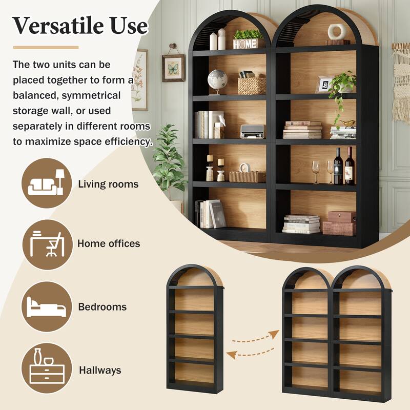 Farmhouse Tall Bookshelves Set of 2, Two Tone Arched Open Bookcase with Fabric Top, 5 Tier Storage Cabinet