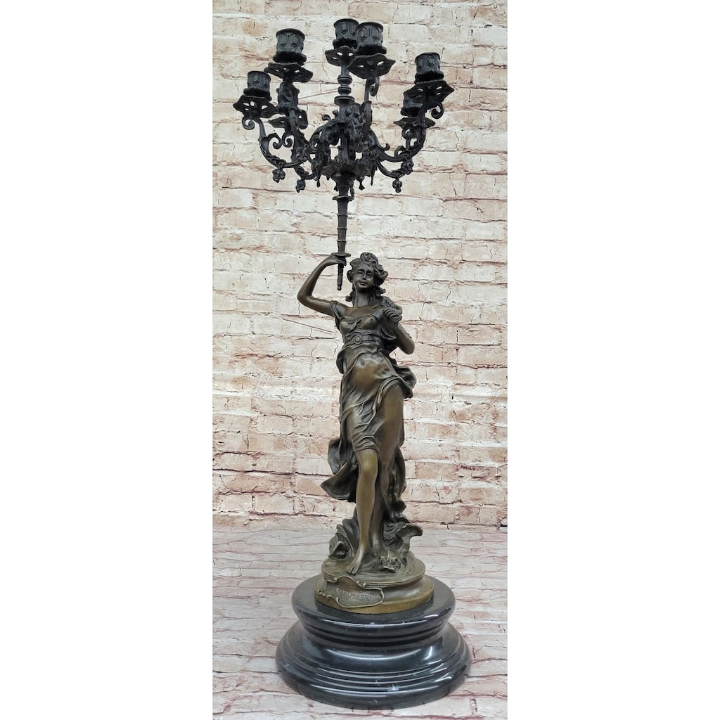 Hot Cast Bronze Figurative French Candelabra Candleholder Female Figure By Moreau