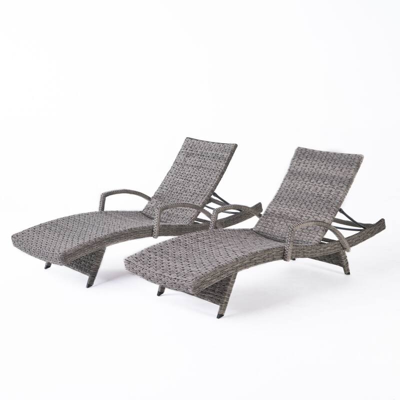 2-Piece Outdoor Wicker Lounge Chair with Armrests, All-Weather Patio Chaise Chair Rattan Recliner, No Cushion Needed