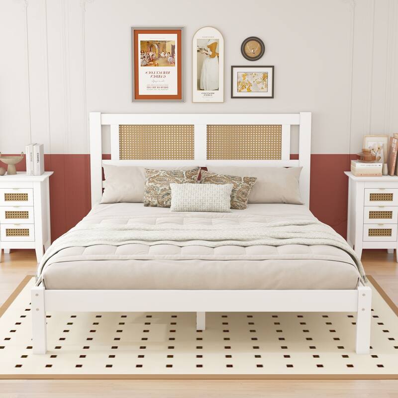 Platform bed with natural rattan headboard - White - Queen