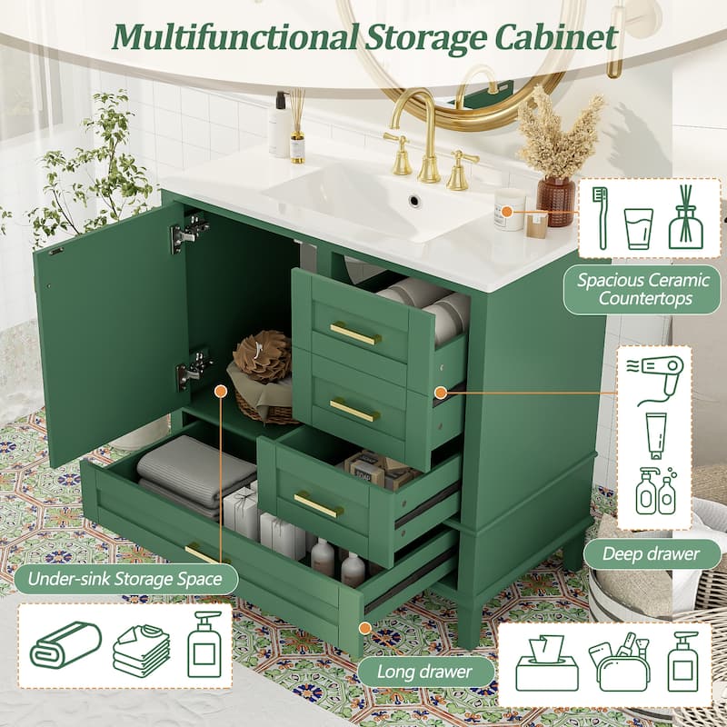 36" Bathroom Vanity with Ceramic Sink, Solid Pine Frame, Soft-Close Door & 3 Drawers - Modern Freestanding Cabinet