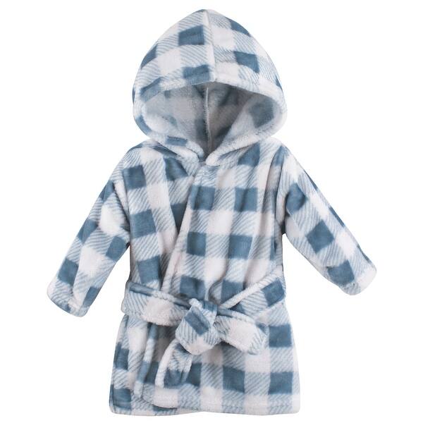 slide 1 of 1, Hudson Baby Infant Boy Plush Animal Face Bathrobe, Blue Plaid, 0-9 Months - Blue Plaid - 0-9 Months 0-9 Months - Blue Plaid