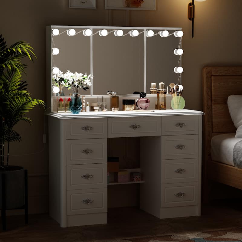 Makeup Vanity Desk with Lights and Mirror, White Vanity Table with 9 Drawers, Hollywood Lighted Vanity Desk Dressing Table