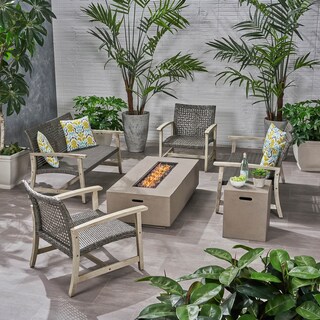 Augusta Outdoor Acacia Wood and Wicker 6 Seater Chat Set with Fire Pit by Christopher Knight Home