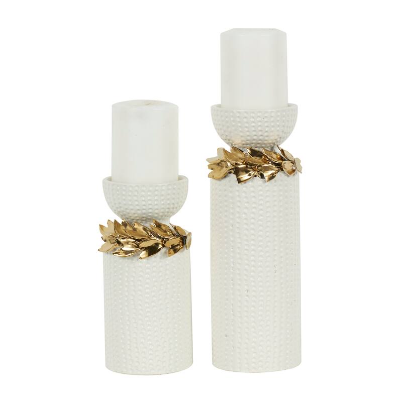 White Ceramic Candle Holder with Abstract Spotted Pattern and Gold Leaf Accents (Set of 2)