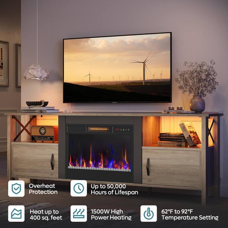 Bestier 63" TV Stand, LED Media Console with Storage, with Electric Fireplace and LED and Adjustable Storage Cabinet