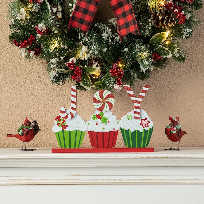 Glitzhome 12"L Christmas Wooden Cupcake JOY Table Decor