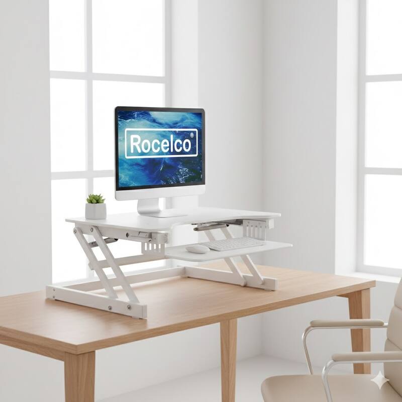 Rocelco 37.5 in. W Black Height Adjustable Standing Desk Converter with Anti Fatigue Mat and Dual Monitor Riser Platform