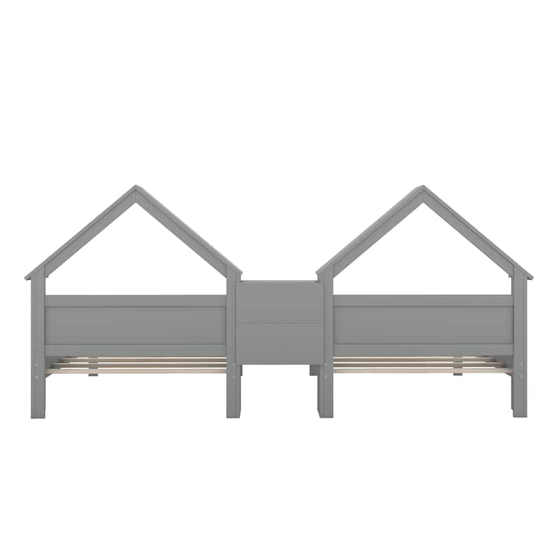 Double Platform Bed with House-shaped Headboard and a Built-in Nightstand
