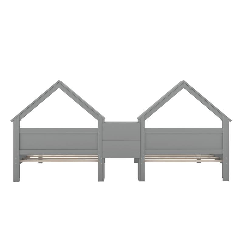 Twin Size Platform Bed with House-Shaped Headboard, Built-in Nightstand, and Guardrails