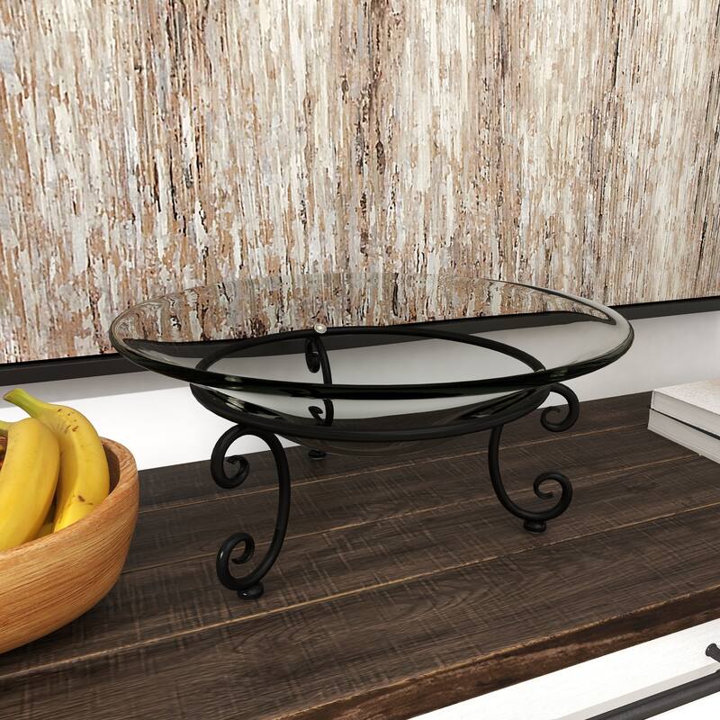 Clear Tempered Glass Kitchen Serving Bowl with Black Metal Scroll Stand