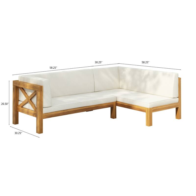 Roomfitters Outdoor Sectional Sofa Left Corner Bench with X-Back Acacia Wood Frame and Cushions