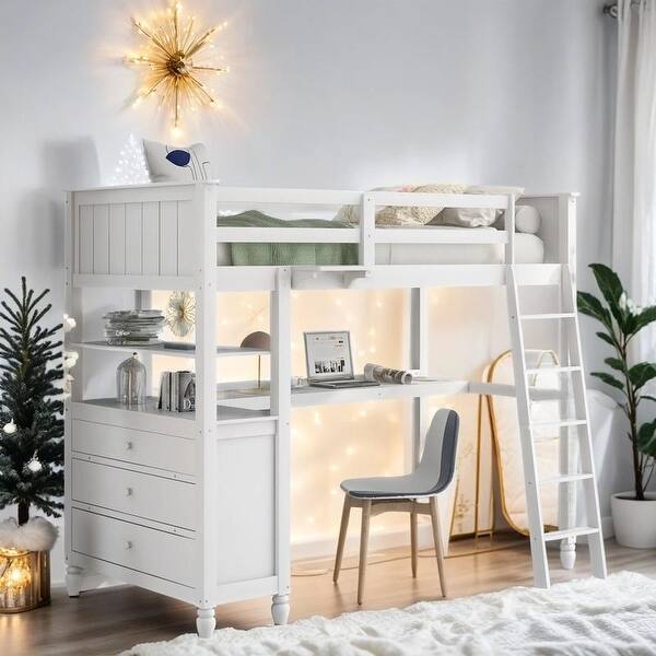 slide 2 of 18, Stylish & Simple Twin size Loft Bed with Drawers and Built-in Desk, Wooden Loft Bed with Shelves, Health and Comfort, White White