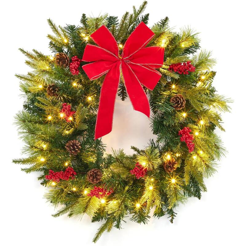 24 Inch Prelit Christmas Wreath for Front Door with Red Bow - Red