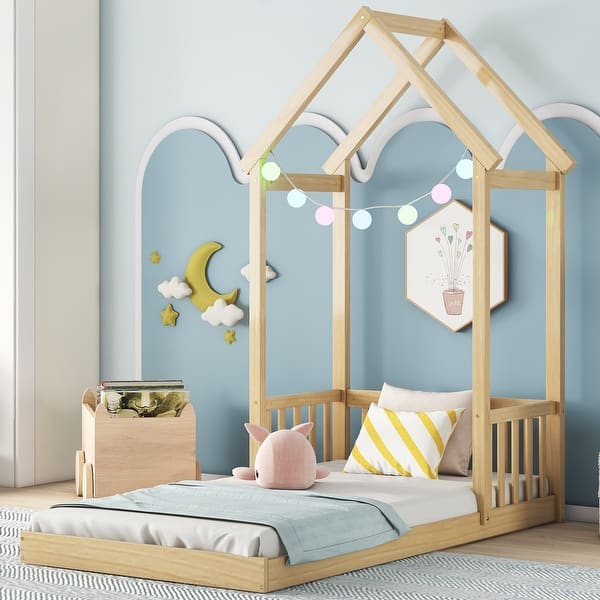 slide 2 of 18, Twin House-shaped Roof Headboard Floor Bed (without slats) for Small Space, Living Room, Bedroom, Apartment Beige