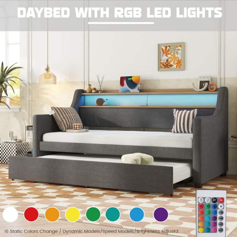 Twin Size Upholstered Daybed with Trundle Bed, Charging Station and LED Lights