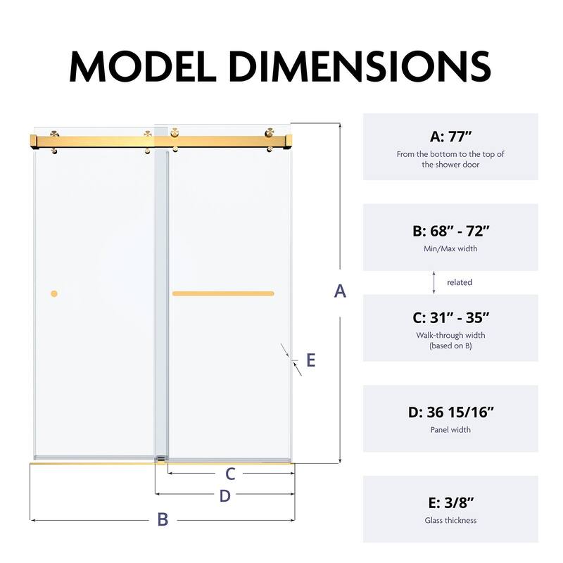 SP Series 68" - 72" W x 77" H Contemporary Frameless Double Sliding Shower Door with 3/8" Clear Tempered Glass