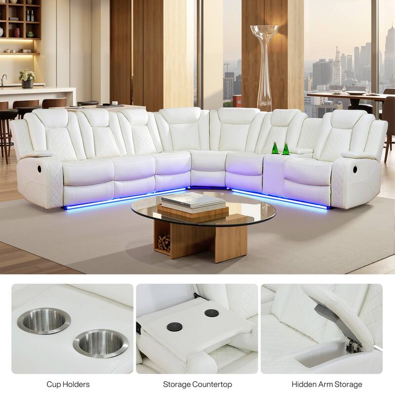 Off-White Breathing Leather 3-Piece Living Room Recliner Sofa set