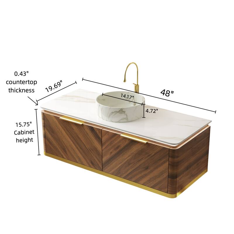 GDFStudio - Dipa Modern 48" Floating Bathroom Vanity with Sensor Light, Drawers & Marble Pattern Ceramic Basin, WITHOUT Faucet