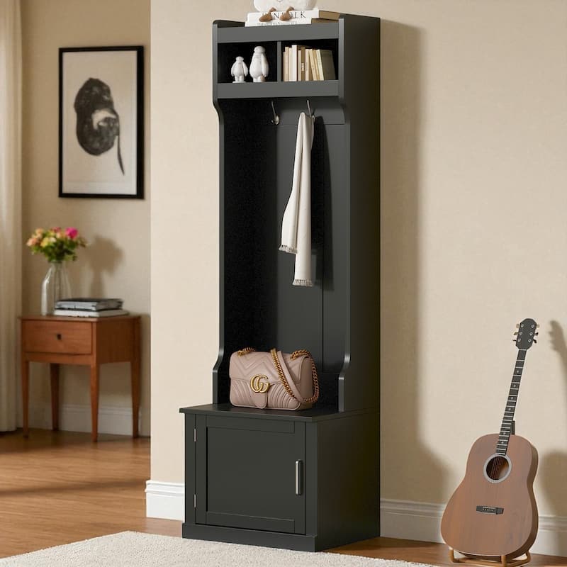 Slim Hall Tree with Cabinet & 6 Hooks, 23.6 W x 15.7 D x 78.7 H Entryway Bench, Narrow Coat Rack Organizer - Black