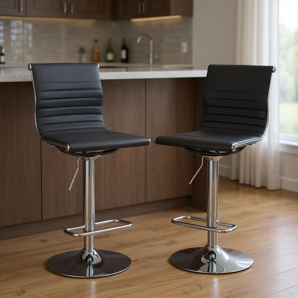 HomeRoots Set of Two Black and Silver Faux Leather and Metal Low Back Adjustable Height Bar Chairs