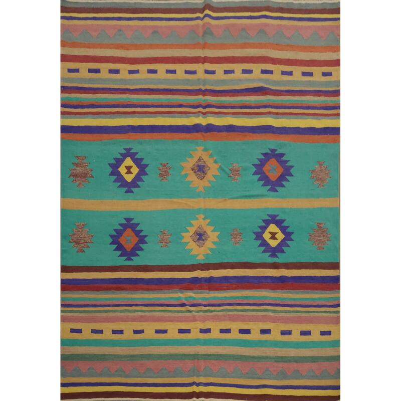 Hand Woven Oriental 100% Wool Carpet Southwestern Tribal Multi-Colored Kilim Area Rug - 9' 7'' X 7' 11''