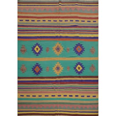 Hand Woven Oriental 100% Wool Carpet Southwestern Tribal Multi-Colored Kilim Area Rug - 9' 7'' X 7' 11''