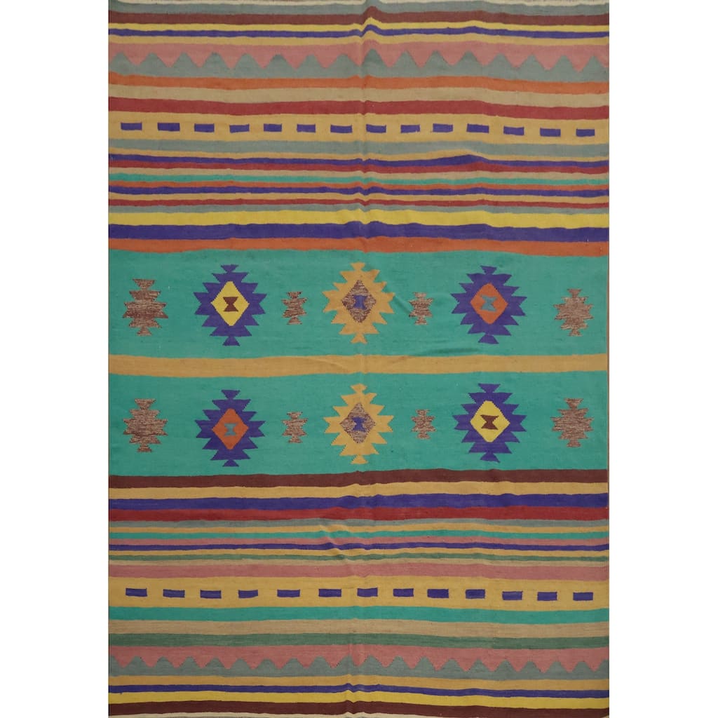 Hand Woven Oriental 100% Wool Carpet Southwestern Tribal Multi-Colored Kilim Area Rug - 9' 7'' X 7' 11''