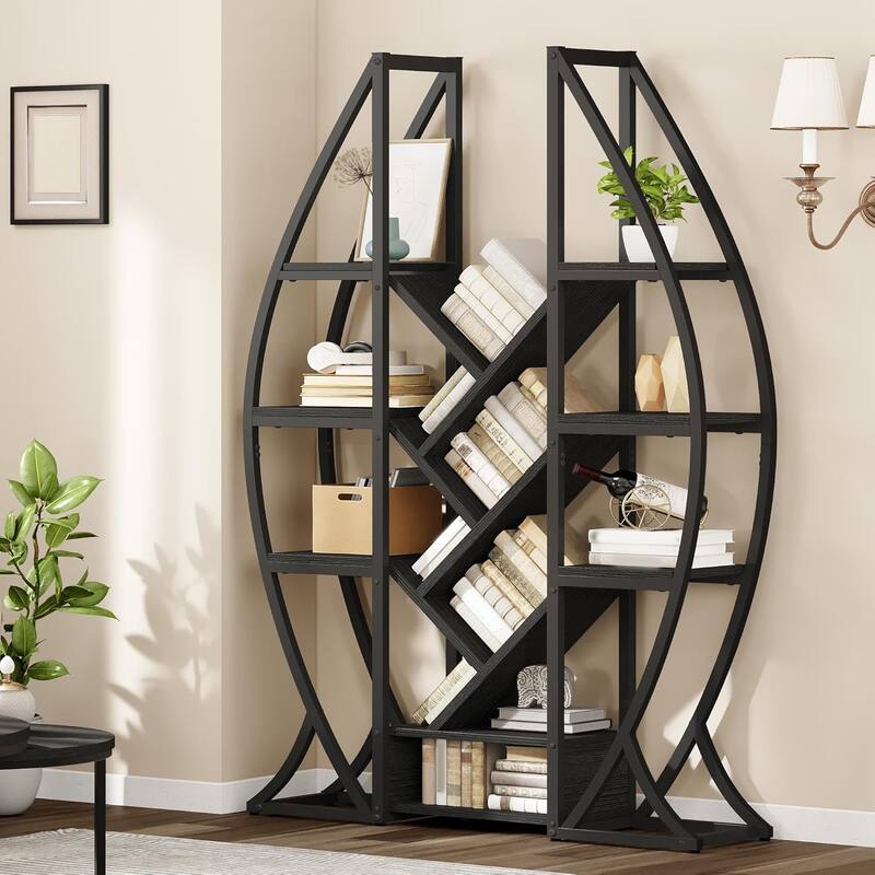 Moasis Modern Etagere Bookcase Display Shelves Oval Triple Wide Bookshelf for Home Office, Living Room - Black