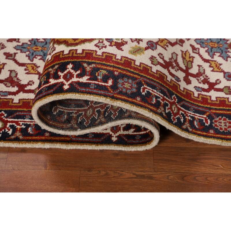 Ivory Geometric Heriz Serapi Oriental Runner Rug Handmade Wool Carpet - 2'7"x 10'10"