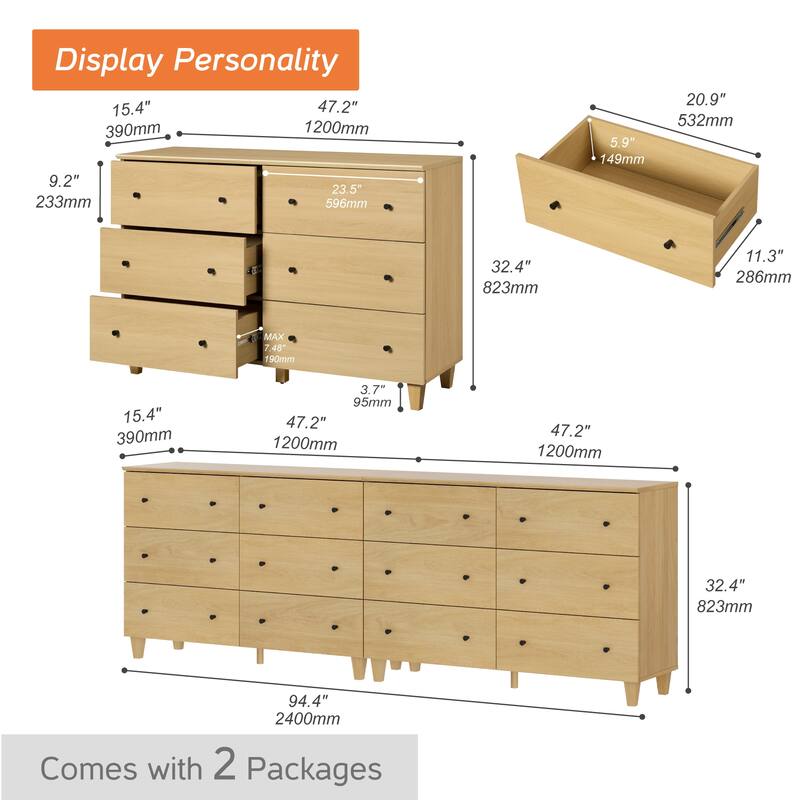 Bedroom 12-Drawer Dresser and Charging Nightstand Set, 94.4" Wide