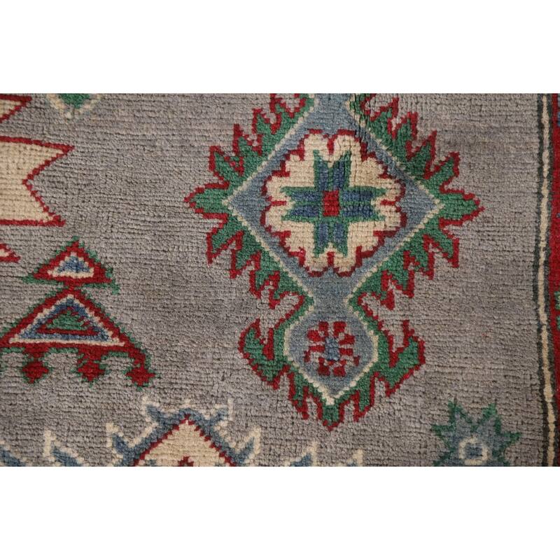 Gray Geometric Kazak Oriental Area Rug Hand-Knotted Wool Carpet - 6'10"x 9'11"